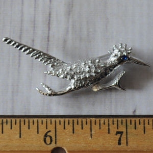 vintage bird silver tone blue rhinestone roadrunner brooch pin